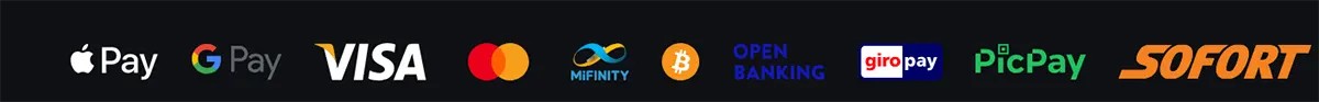 Payment methods row showing Apple Pay, Google Pay, Visa, Mastercard, MiFinity, Bitcoin, Open Banking, Giropay, PicPay, and Sofort on a dark background.