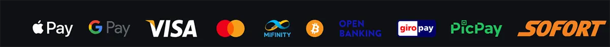 Payment methods row showing Apple Pay, Google Pay, Visa, Mastercard, MiFinity, Bitcoin, Open Banking, Giropay, PicPay, and Sofort on a dark background.