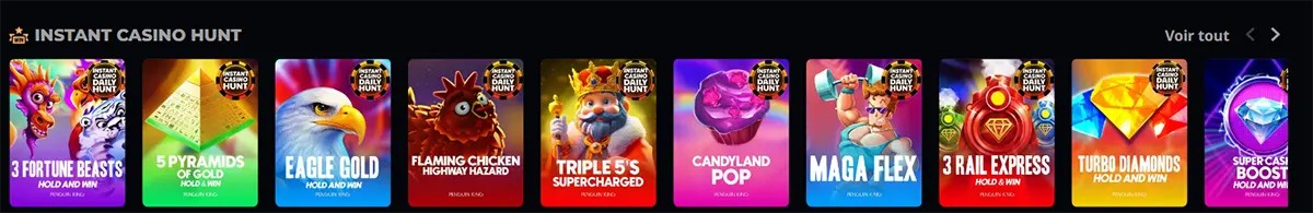 Instant Casino Hunt slot games carousel featuring colorful game thumbnails, daily hunt badges, a “Voir tout” link, and navigation arrows on a dark casino interface.