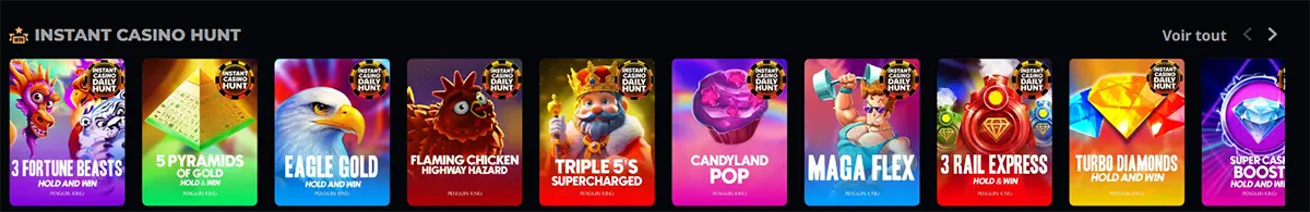 Instant Casino Hunt slot games carousel featuring colorful game thumbnails, daily hunt badges, a “Voir tout” link, and navigation arrows on a dark casino interface.