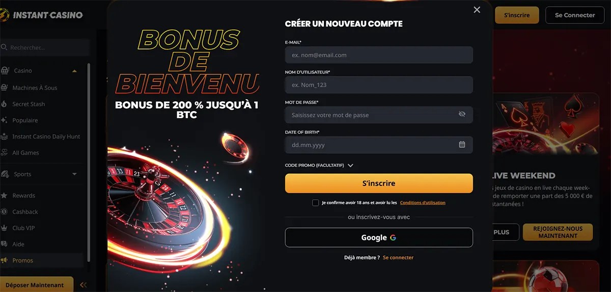 French casino registration popup with welcome bonus artwork, email, username, password, date of birth, and promo code fields, plus a yellow sign-up button and Google registration option on a dark interface.