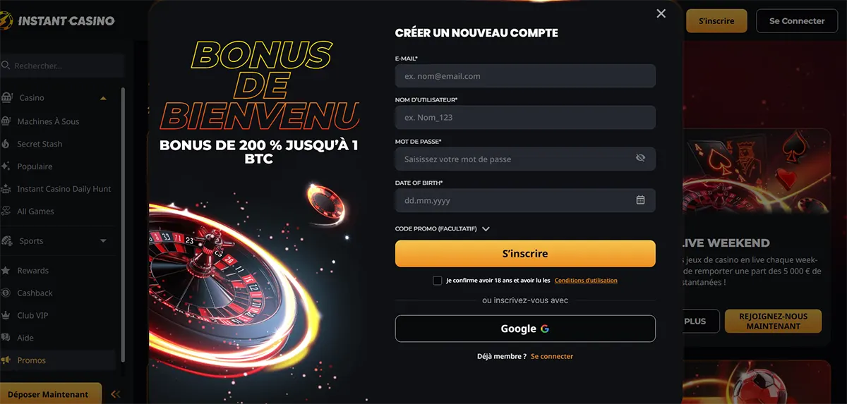 French casino registration popup with welcome bonus artwork, email, username, password, date of birth, and promo code fields, plus a yellow sign-up button and Google registration option on a dark interface.