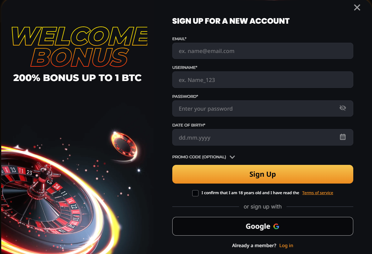 Online casino sign-up page with 200% welcome bonus up to 1 BTC, secure registration form, promo code field, and Google signup option.