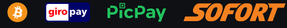 Casino payment methods banner featuring Bitcoin, giropay, PicPay, and Sofort for secure and fast online transactions.